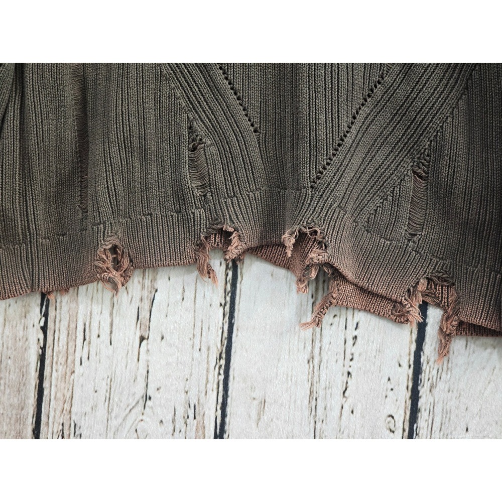 Zara Distressed Ribbed Knit Sweater Mens S-M Olive Brown Frayed Hem Streetwear - Picture 4 of 12
